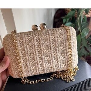 Chic Woven Tan Clutch with Gold Chain